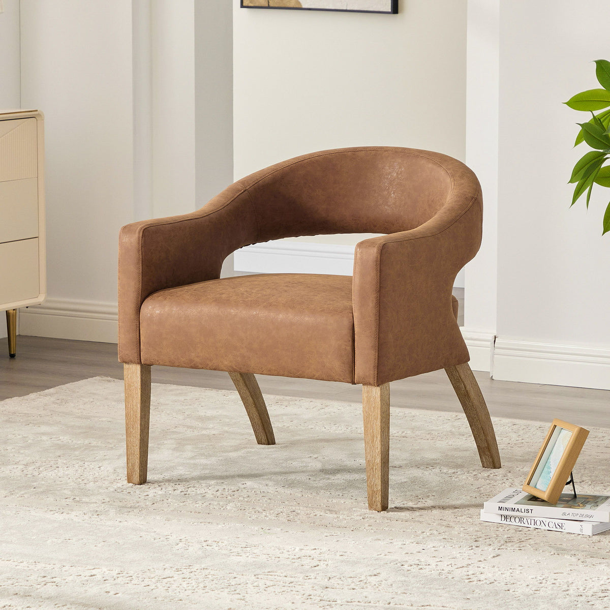 Upholstered Open Back Armchair With Weathered Rubberwood Legs