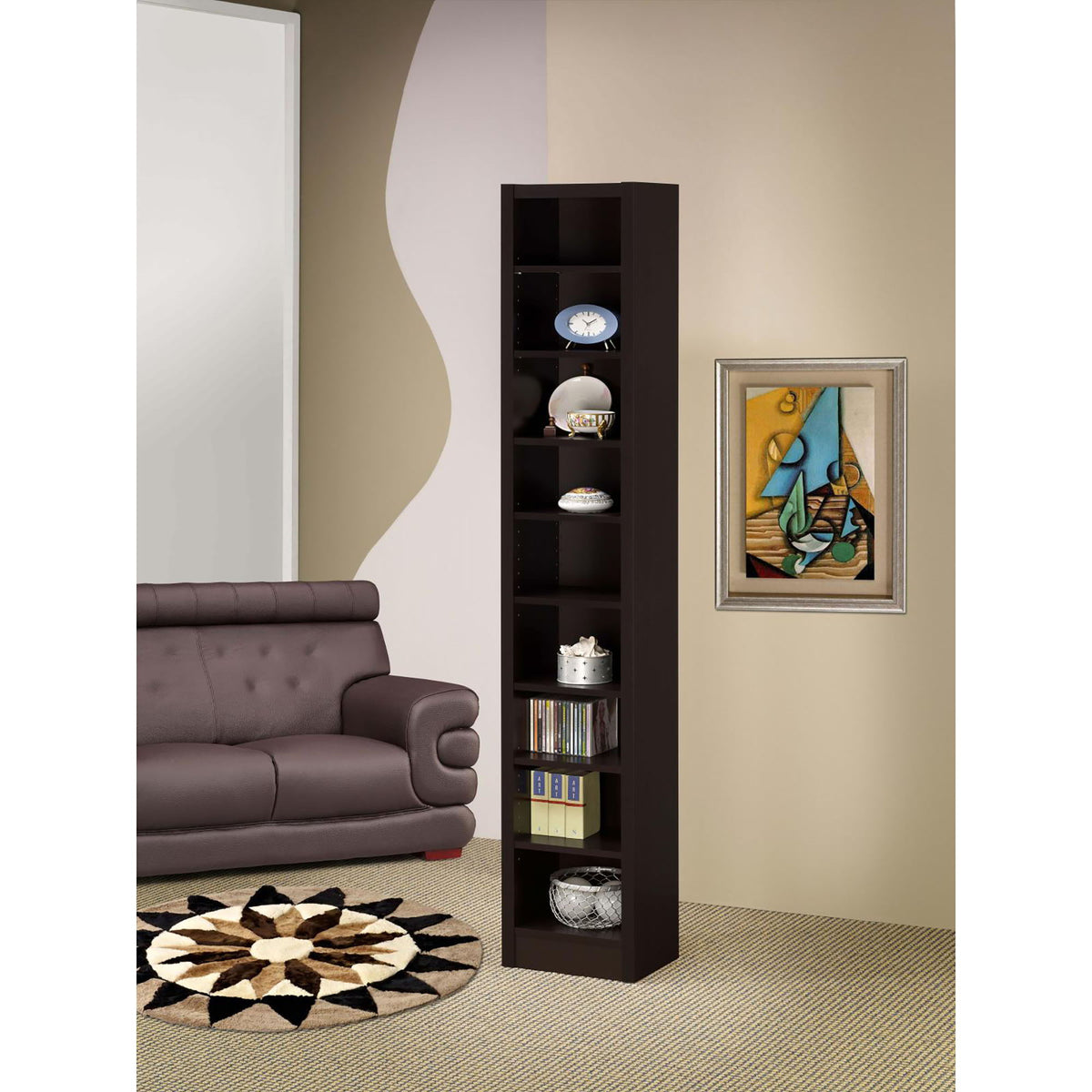 Rectangular Bookcase Tall Slim Storage With 9 Shelves - Brown