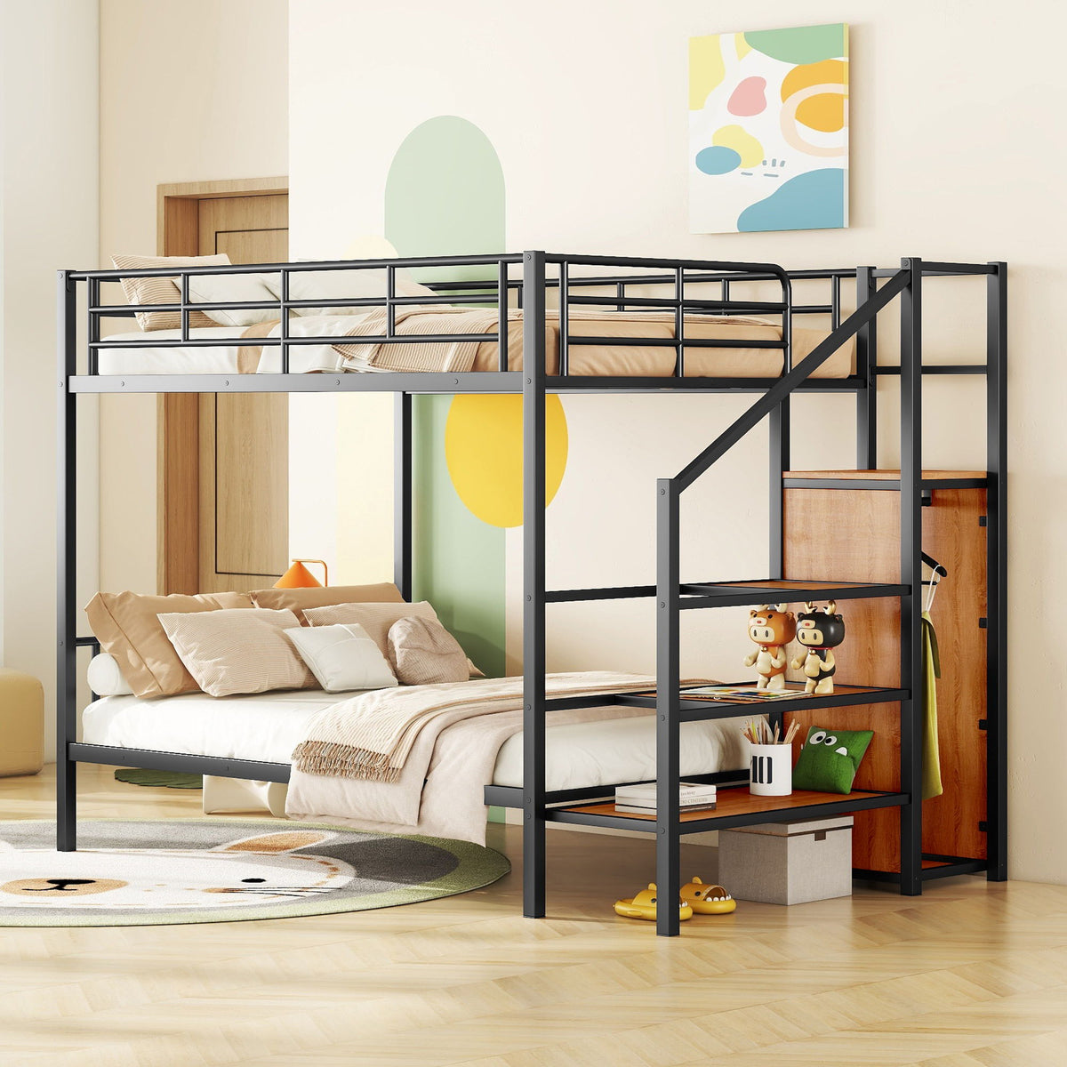 Bunk Bed With Lateral Storage Ladder And Wardrobe