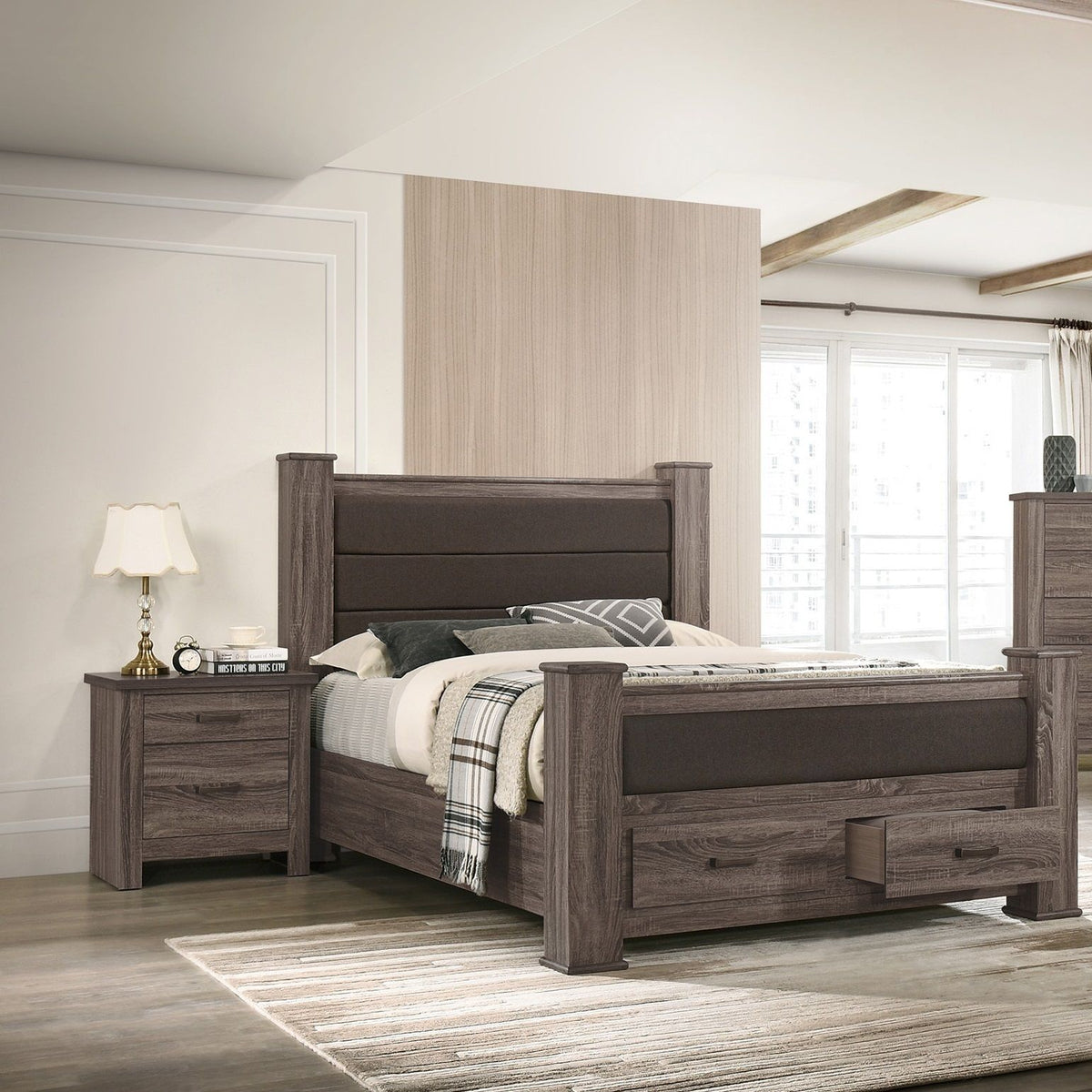Queen Size Bed & Upholstered Headboard And Footboard Drawers - Brown