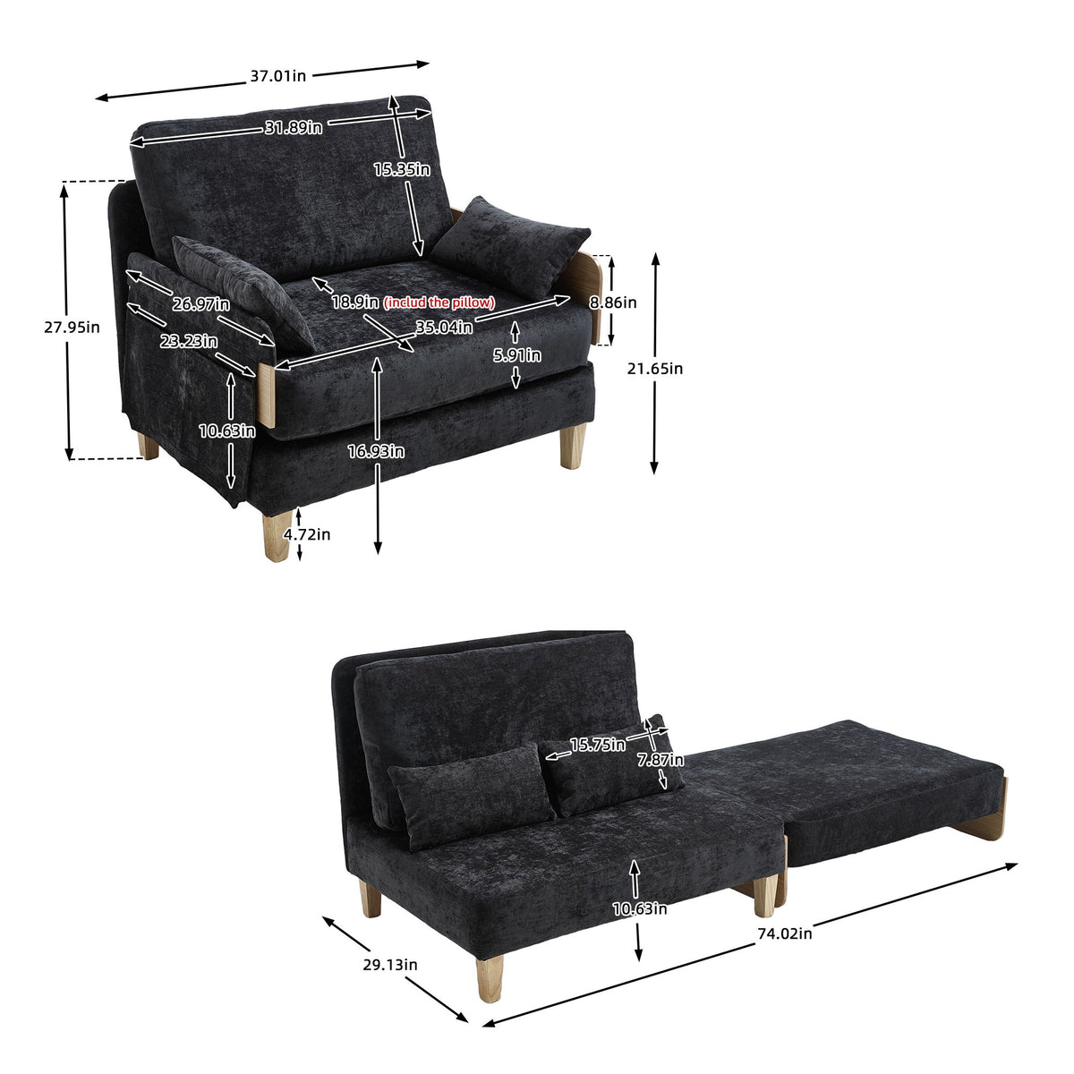Mid Century Modern Foldable Sofa Bed, 3 In 1 Convertible Sleeper With 3 Pillows
