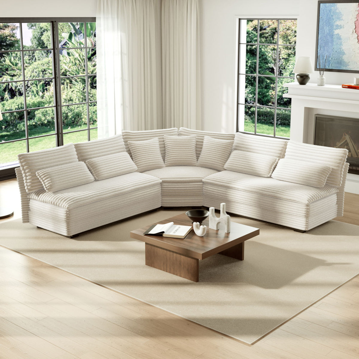 5 Seater L Shaped Sectional Sofa With Curved Corner, 7 Pillows