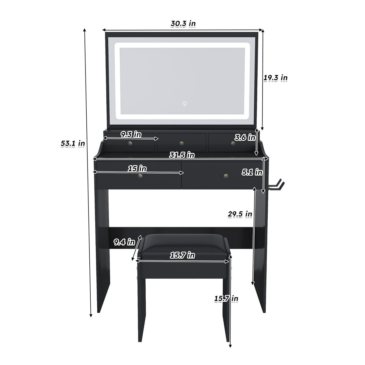 Modern Makeup Vanity Set With Power Outlet, Hair Dryer Holder, And Adjustable Lighting