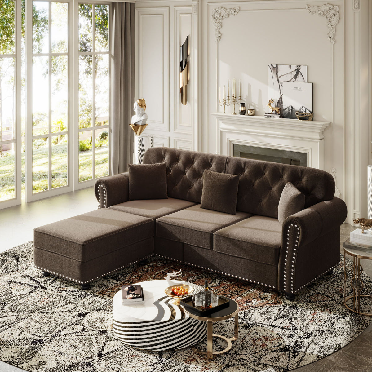 Upholstered 3 Seater Sofa Set With Ottoman