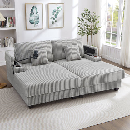 Modern Chaise Sofa With Adjustable Backrest, Cup Holders, Phone Holder & Storage Compartments For Living Room