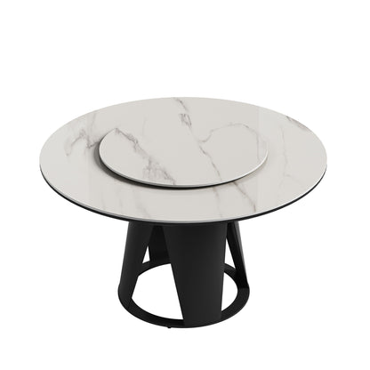 Modern Sintered Stone Dining Table With Round Turntable And Metal Pedestal - White