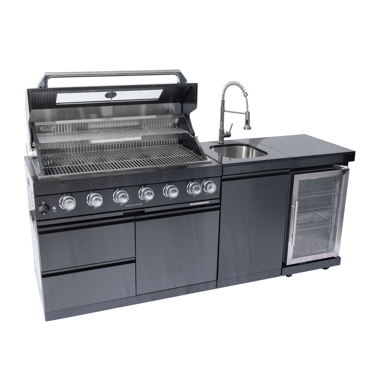 6 Burner 85, 000 Btu Outdoor Kitchen Island Grill With Wine Cooler Refrigerator, Rotisserie Kit, Granite Countertops & Sink - Black
