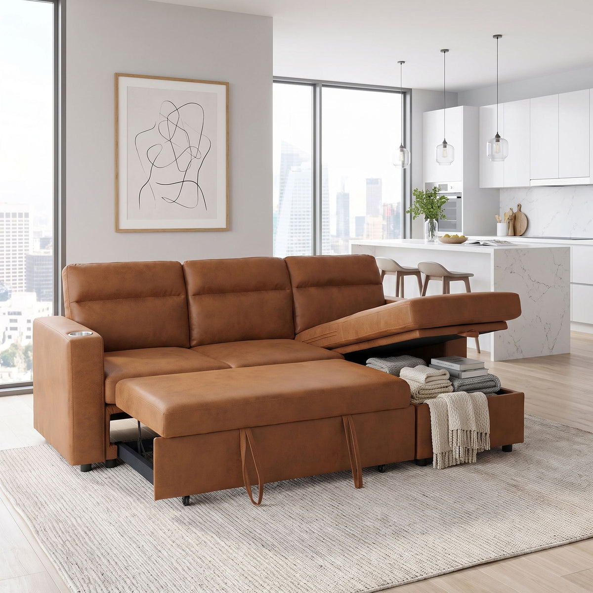 Convertible Sectional Sofa With Storage Chaise, Cup Holders And Pull Out Sleeper