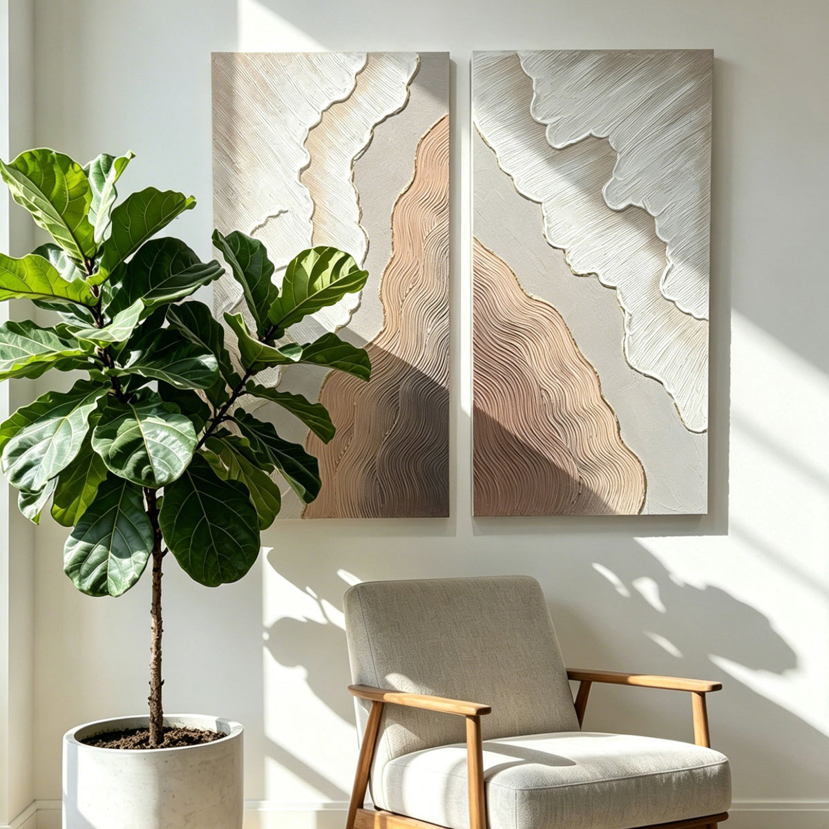 Abstract Wall Art, Textured Canvas Painting With Accents, Decor For Living Room (Set of 2) - Antique Brown / White