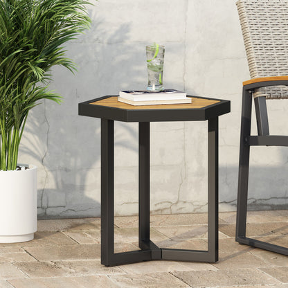 Outdoor Side Table With Iron Base And Slatted Top - Brown