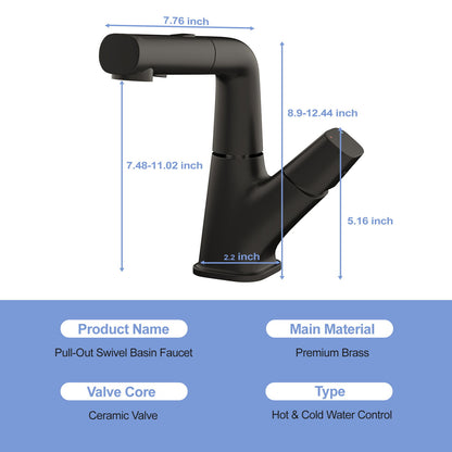 Pull Down Bathroom Sink Faucet With Three Water Modes And Construction - Matte Black