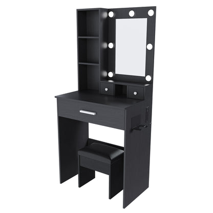 Vanity Table With Mirror, Adjustable LED Lights, Power Outlet, Hairdryer Holder & Stool