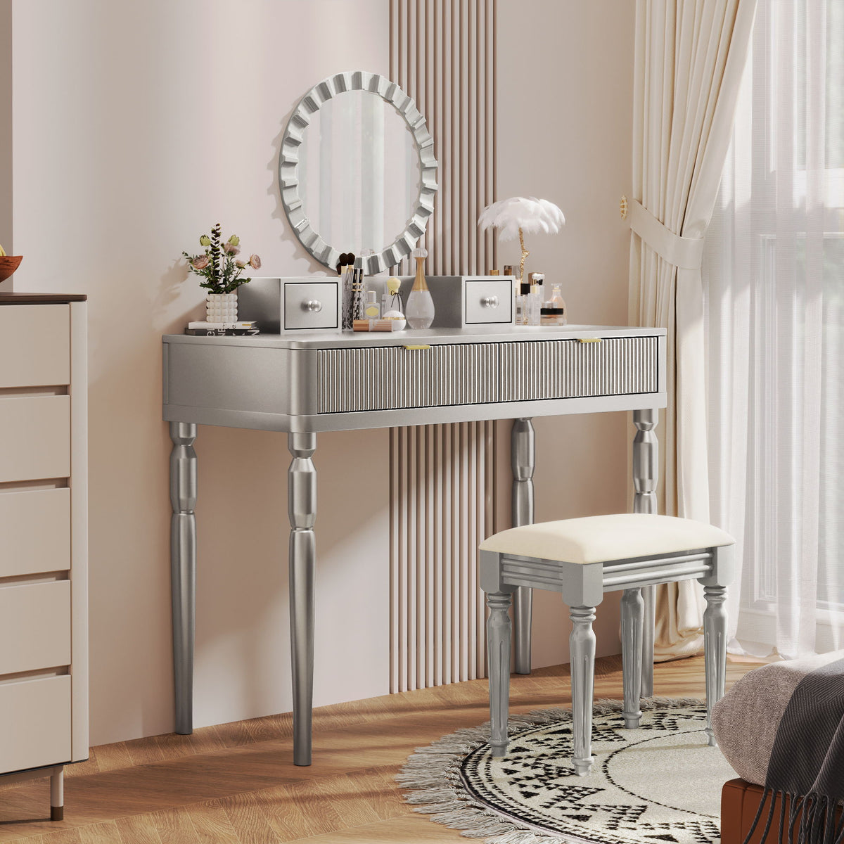 Luxury Vanity Desk With Round Mirror Height Adjustable Dressing Table Set Engineered Wood - Silver