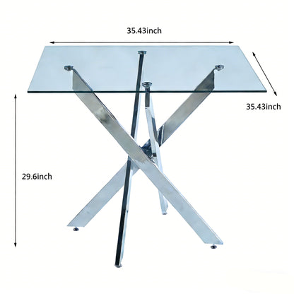 Dining Table With Cross Metal Leg And Tempered Glass, Modern Space Saving Kitchen Table For Living Room Legs, Square Table