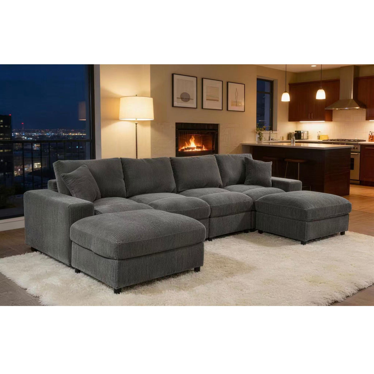 Sectional Sofa With 2 Ottomans And Toss Pillows - Dark Gray