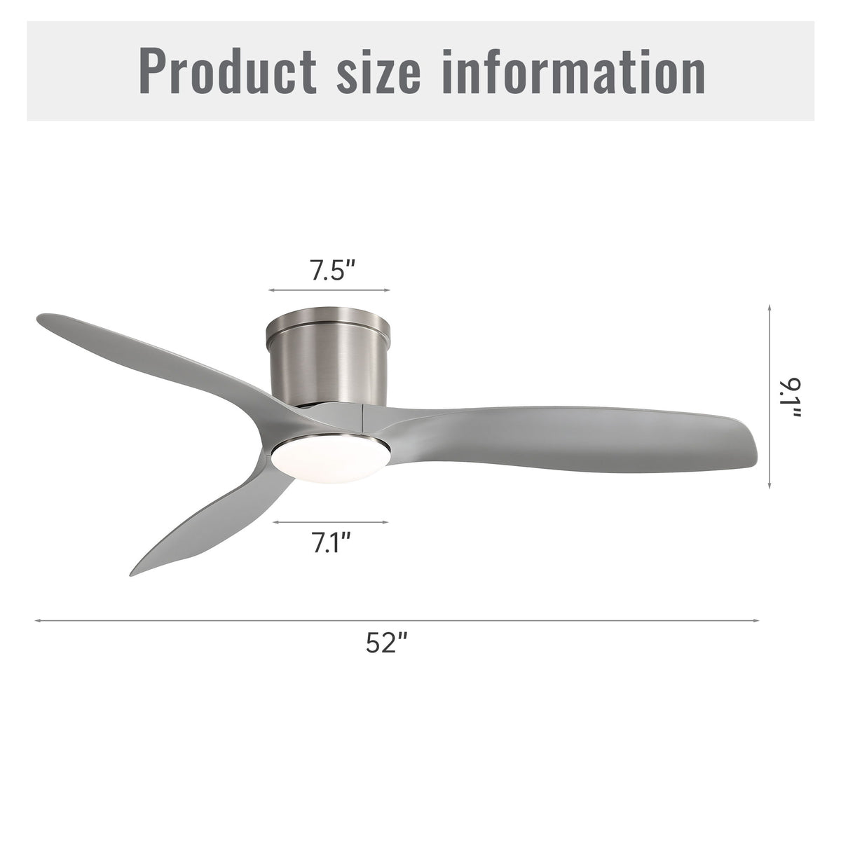 Flush Mount Ceiling Fan With Dimmable LED Light, 3 Blades, Reversible DC Motor Blades For Living Room