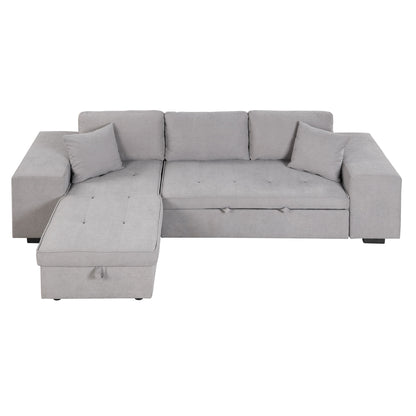 Modern L-Shape 3 Seat Reversible Sectional Couch, Pull Out Sleeper Sofa With Storage Chaise And 2 Stools For Living Room Furniture Set