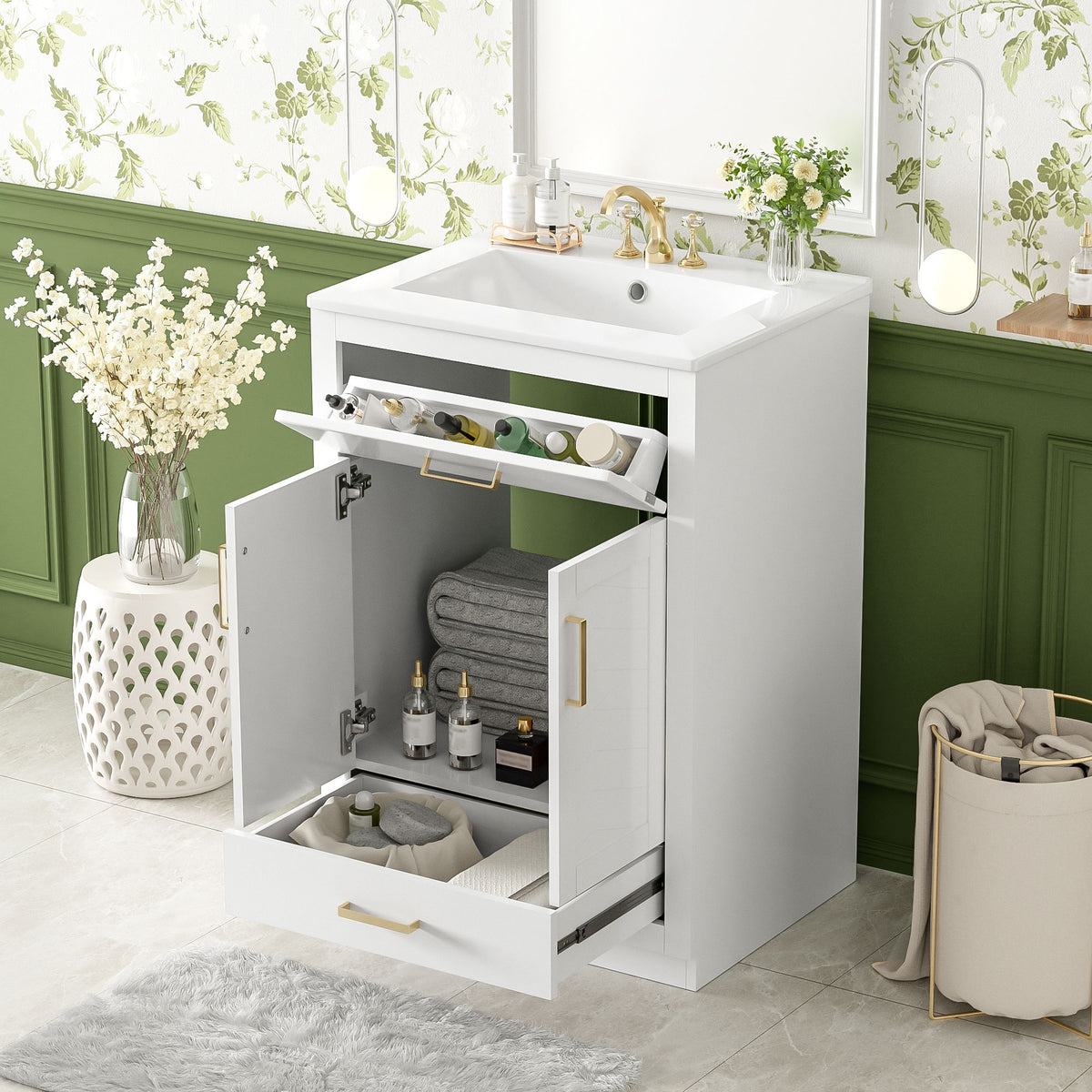 Modern Bathroom Vanity With Integrated Ceramic Sink, 2 Door Cabinet With Tip-Out Drawer
