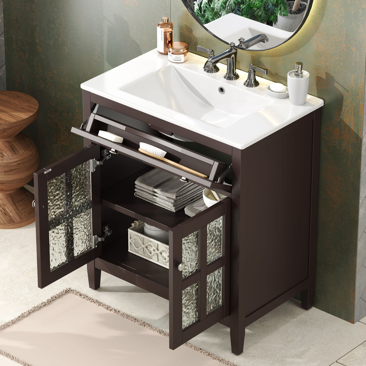 Bathroom Vanity With Ceramic Sink, Adjustable Shelf & Tip Out Tray