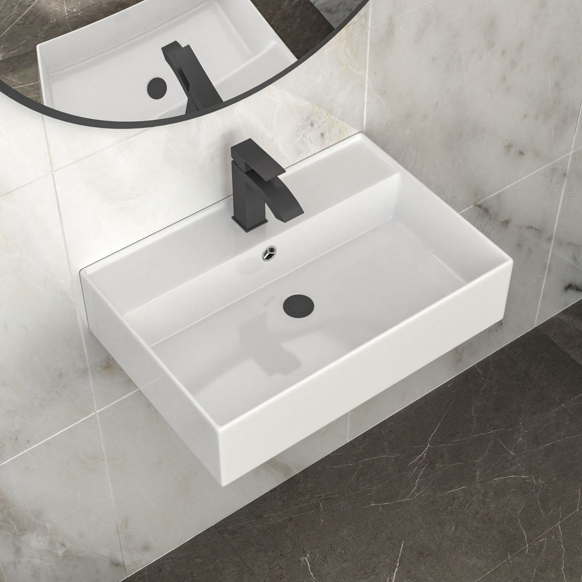 Modern Ceramic Rectangular Wall Mounted Bathroom Sink With Faucet Hole & Overflow
