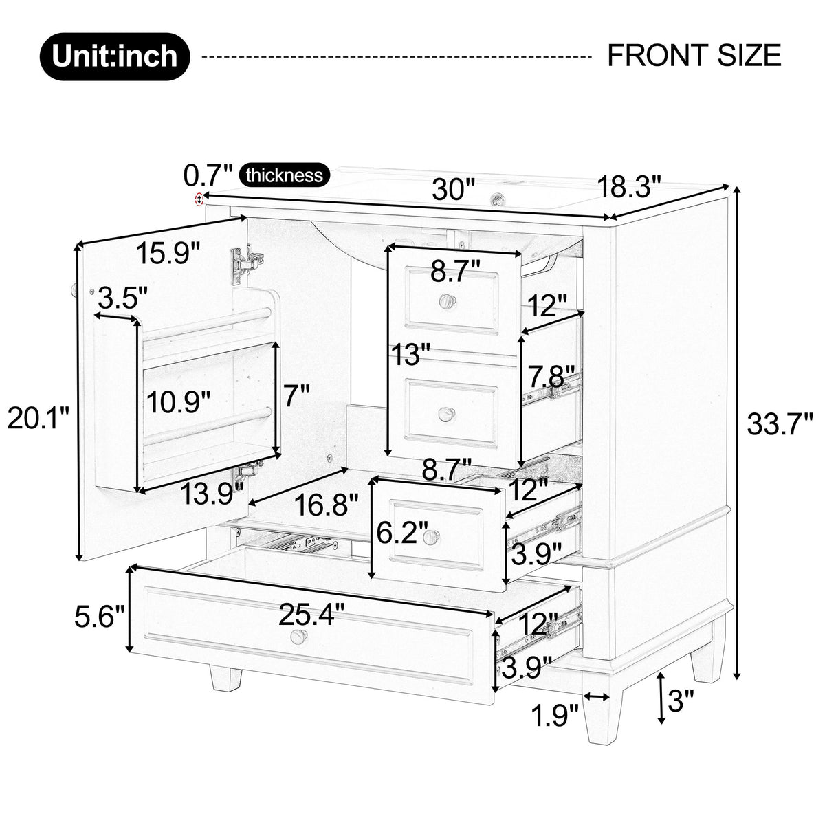 Freestanding Bathroom Vanity With Sink, Soft Close Door, 3 Drawers - White