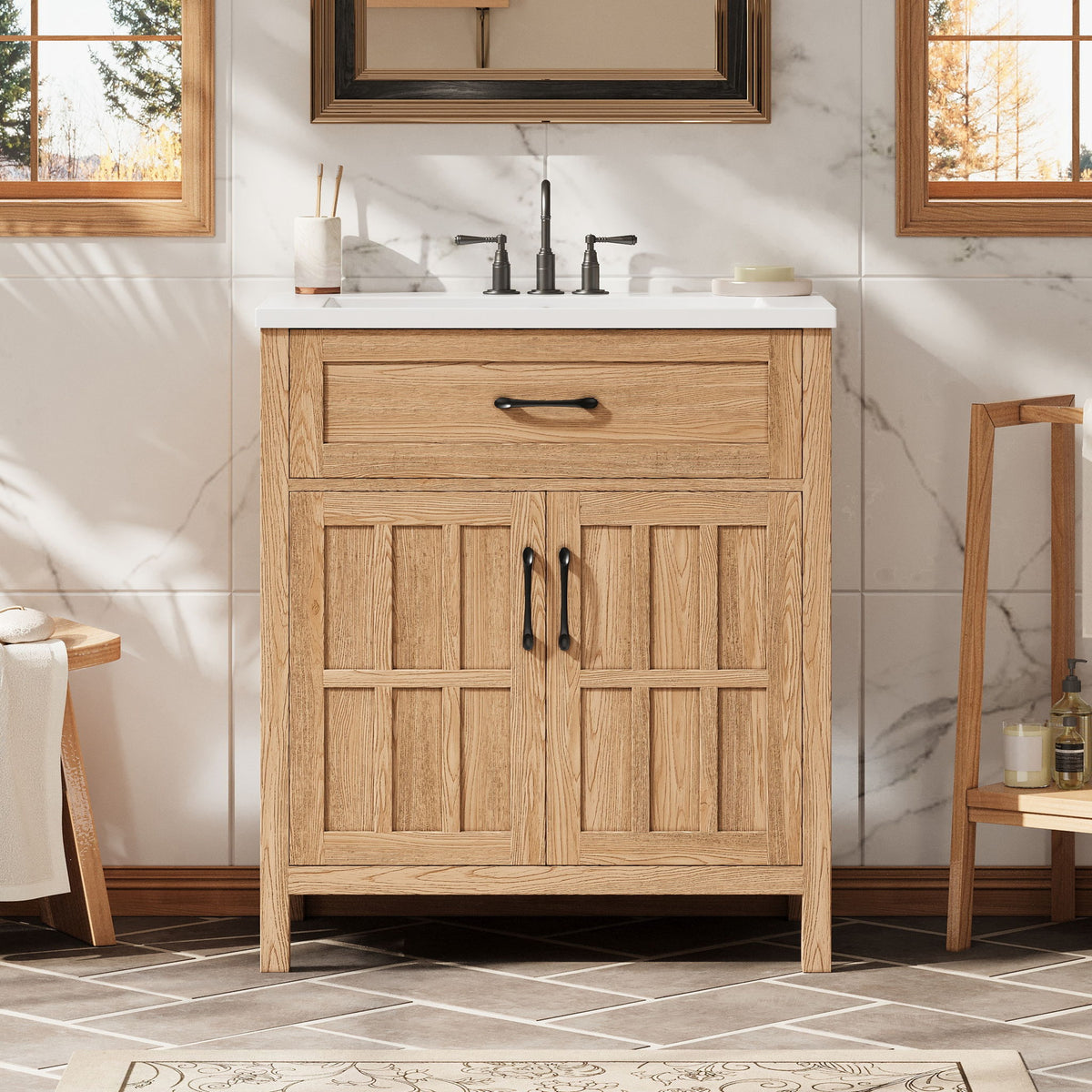 Bathroom Vanity With Sink, Adjustable Shelf & Door Organizers - Walnut