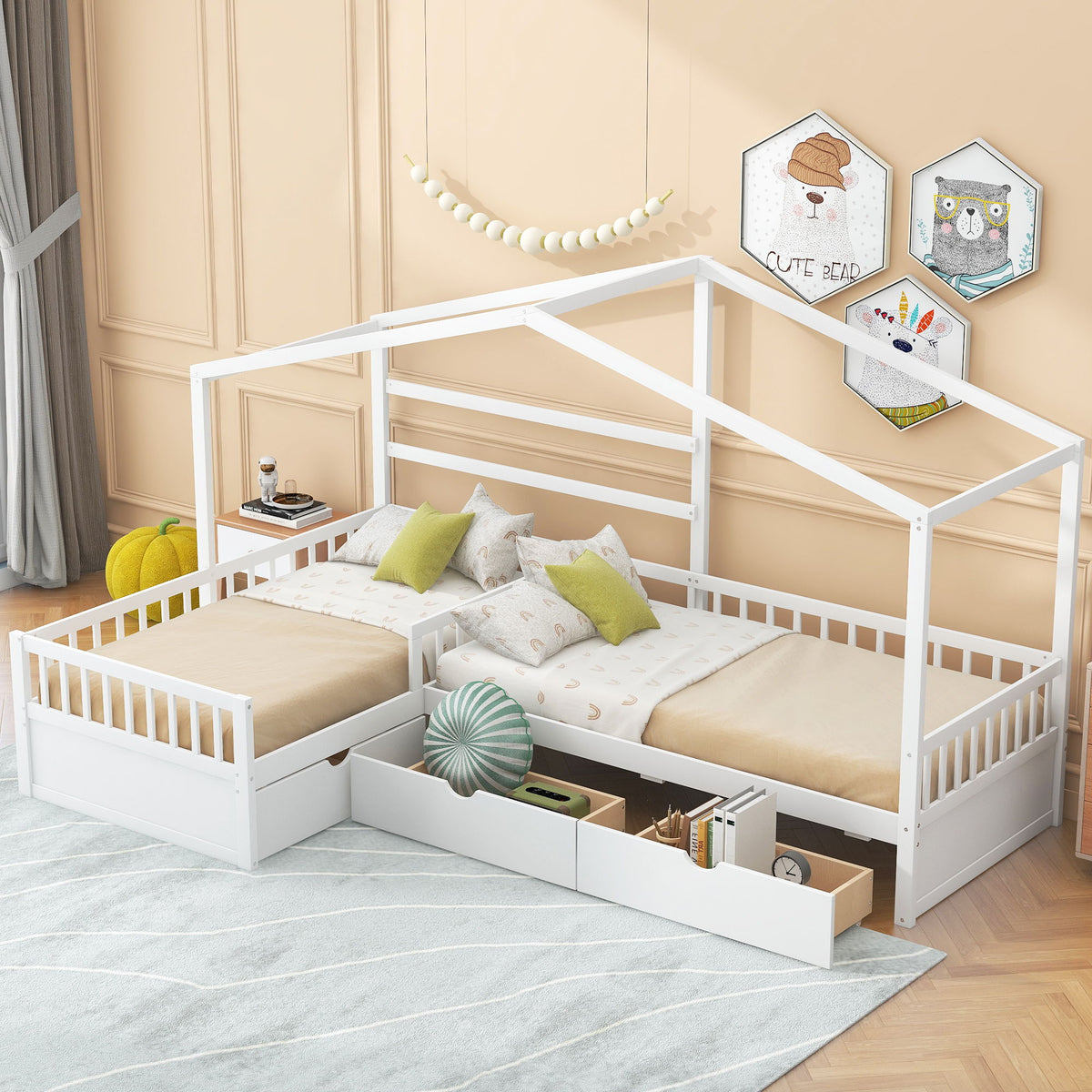 L Shape Platform Bed With 3 Storage Drawers