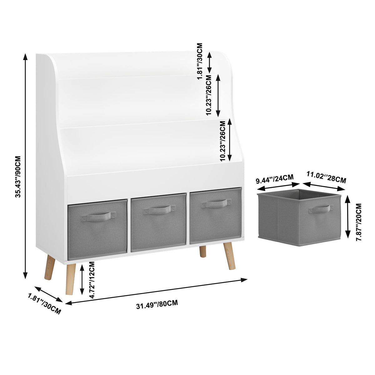 Bookshelf With 3 Bins, Storage Shelf For Toys And Books