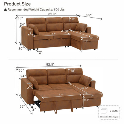 Convertible Sectional Sofa With Storage Chaise, Cup Holders And Pull Out Sleeper