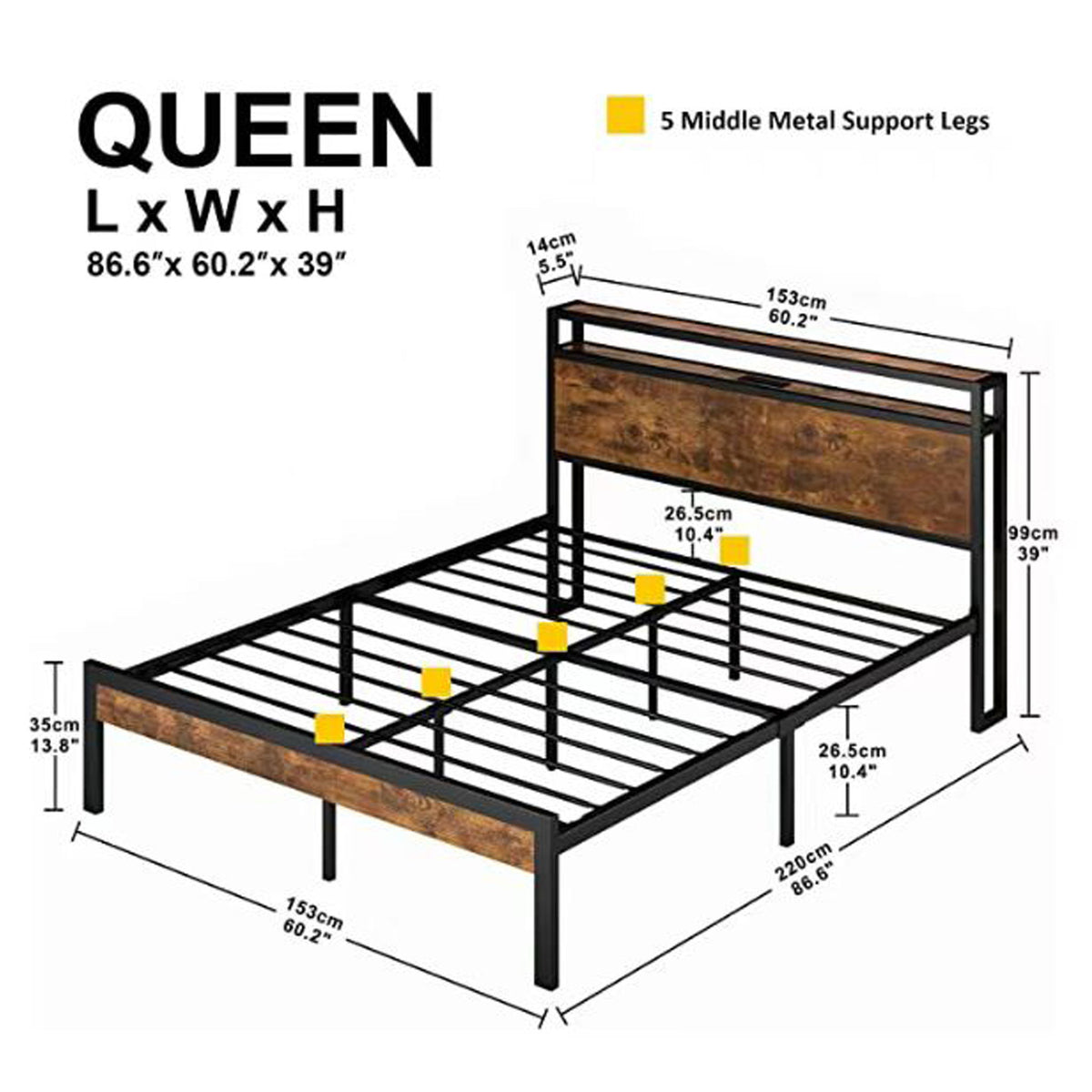 Metal Platform Bed Frame With Wooden Headboard And Footboard With USB Liner, No Box Spring Needed, Under Bed Storage