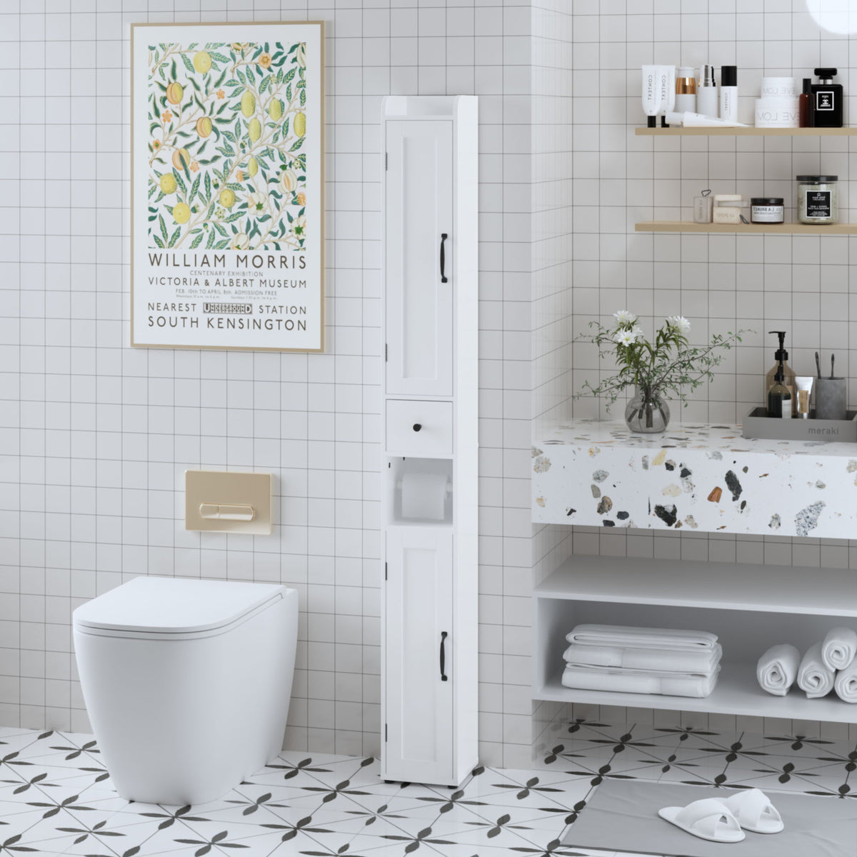 Slim Tall Bathroom Storage Cabinet With Adjustable Shelves, 2 Doors Freestanding Cabinet - White