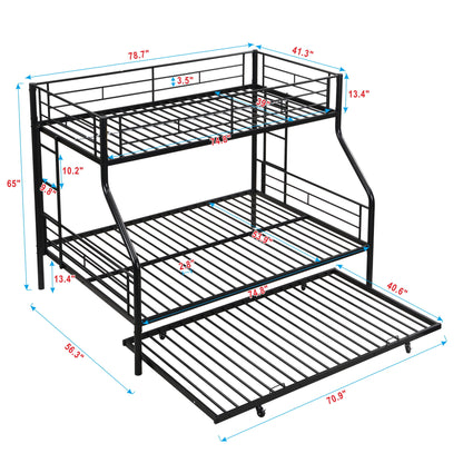 Twin Over Full Modern Metal Bunk Bed With Trundle - Black