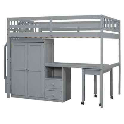 Loft Bed With Stairs, Bookshelf, Drawers, Desk & Wardrobe, Space Saving Multifunctional Furniture
