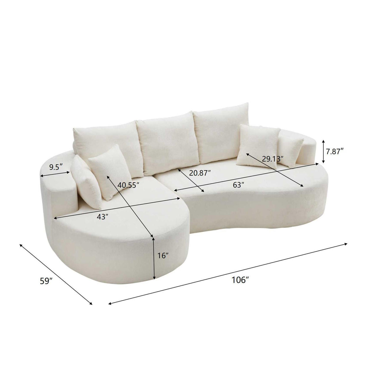 2 Piece Fabric Cloud Curved Sectional Sofa With Chaise For Living Room
