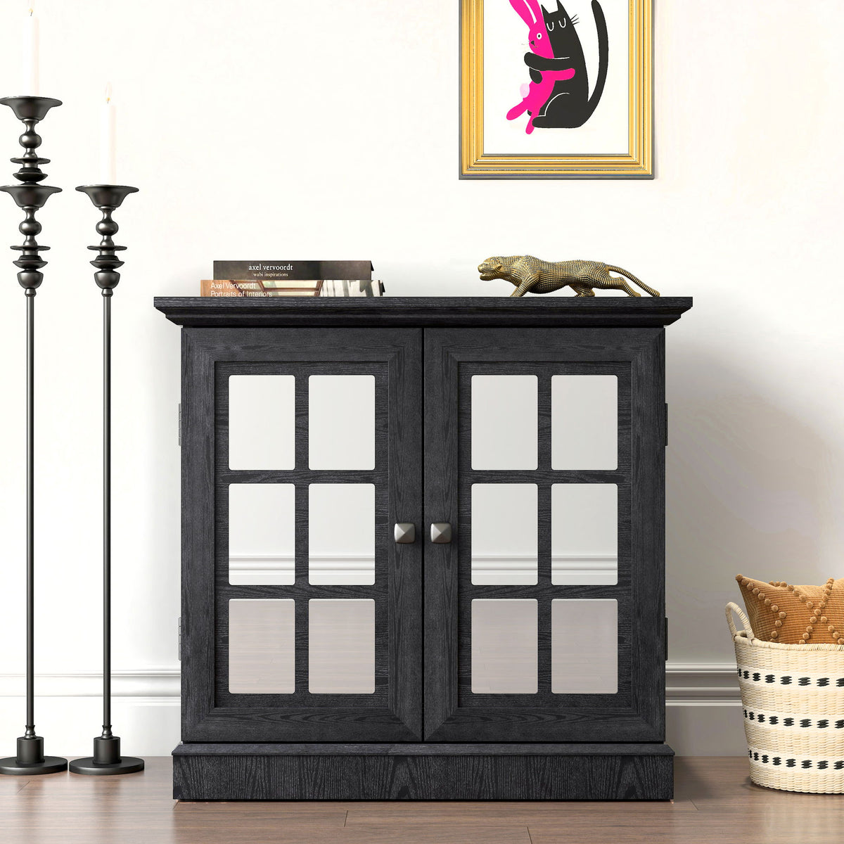 Sideboard Cabinet With Mirrored Doors, Adjustable Shelf, Metal Handles