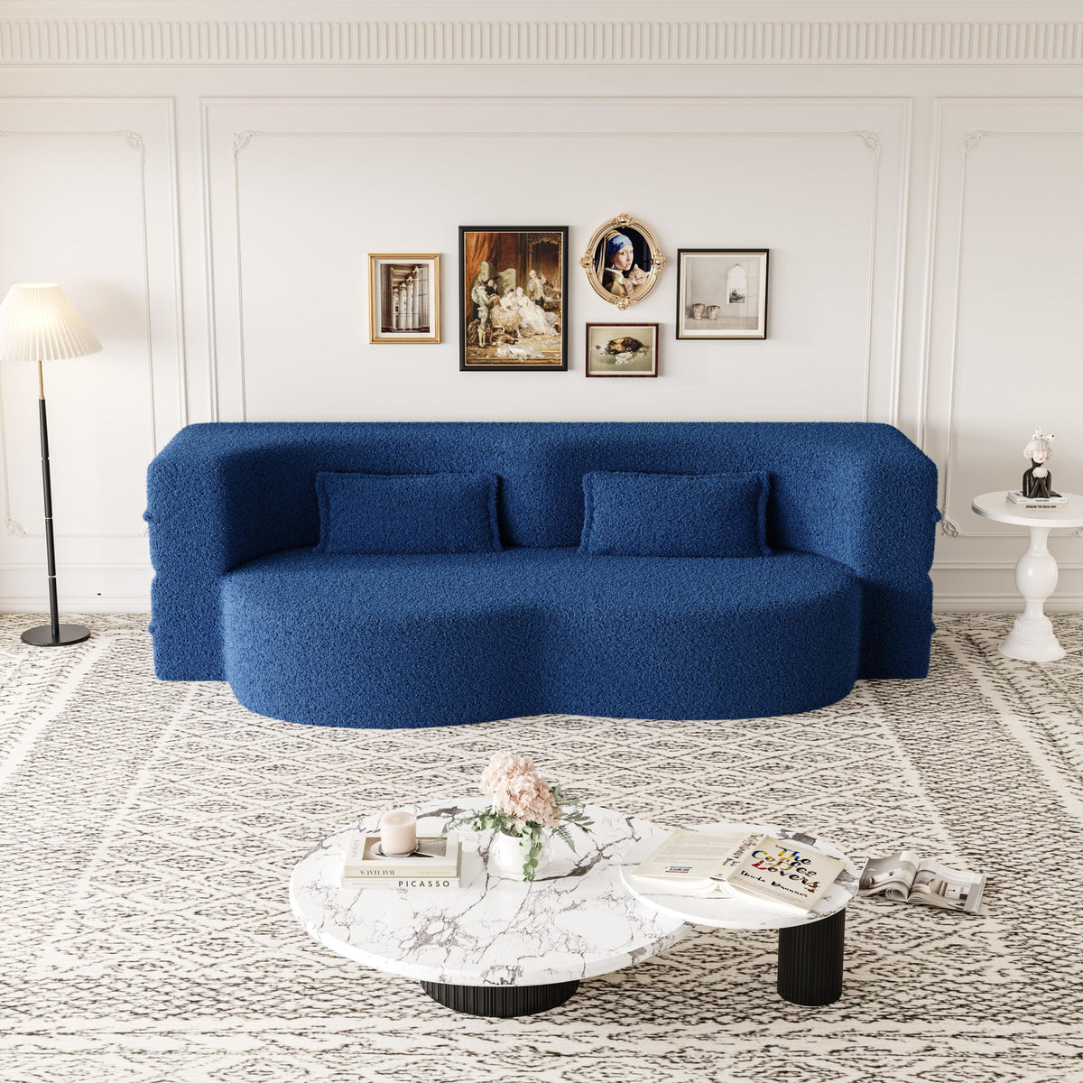Modern Floor Sofa, With 2 Pillows, Convertible Teddy Fabric Foam Filled Bed