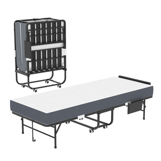 Twin Folding Bed With Adjustable Headboard & Memory Foam Mattress, Portable Coton Wheels For Tall People, Space-Saving Guest Bed - Black