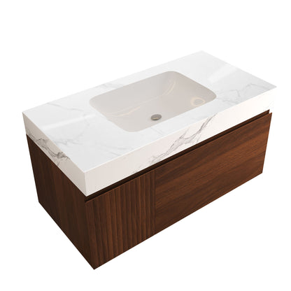 Floating Bathroom Vanity & Basin 1 Soft Close Drawer + 1 Cabinet, Wall Mounted - Walnut / White