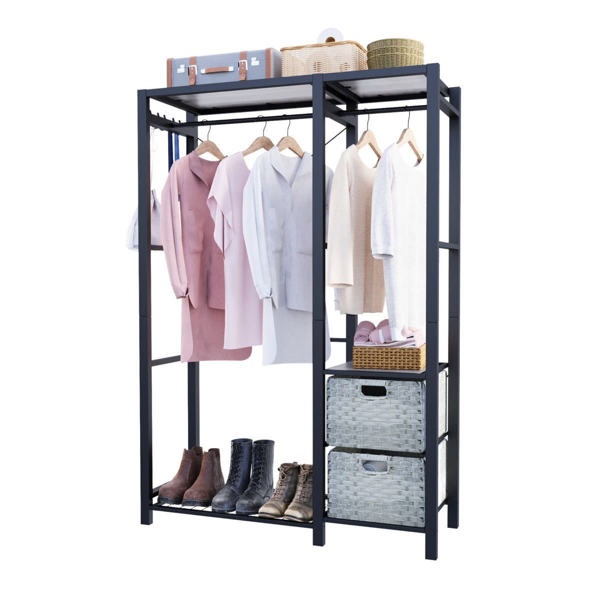 Garment Rack With Shelves, 2 Wicker Drawers, 4 Hooks, Organizer