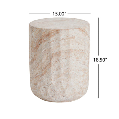 Outdoor / Indoor Lightweight Concrete Side Table, Cylinder Travertine Finish Accent Table - Beige