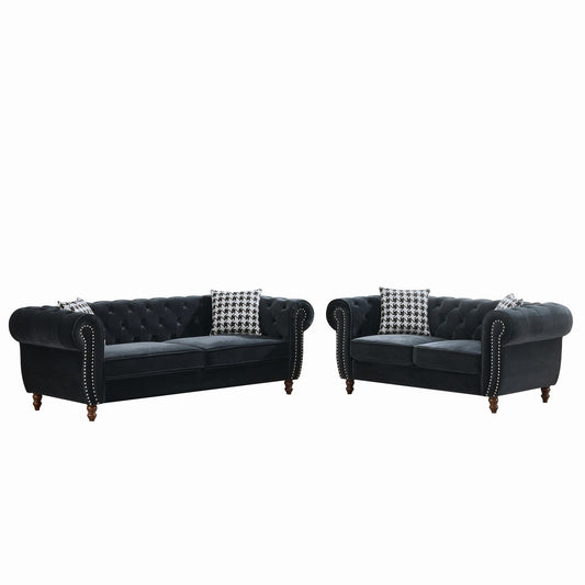 Chesterfield 3 And 2 Seater Upholstery Sofa With Roll Armrest & Nailhead Fabric Couch