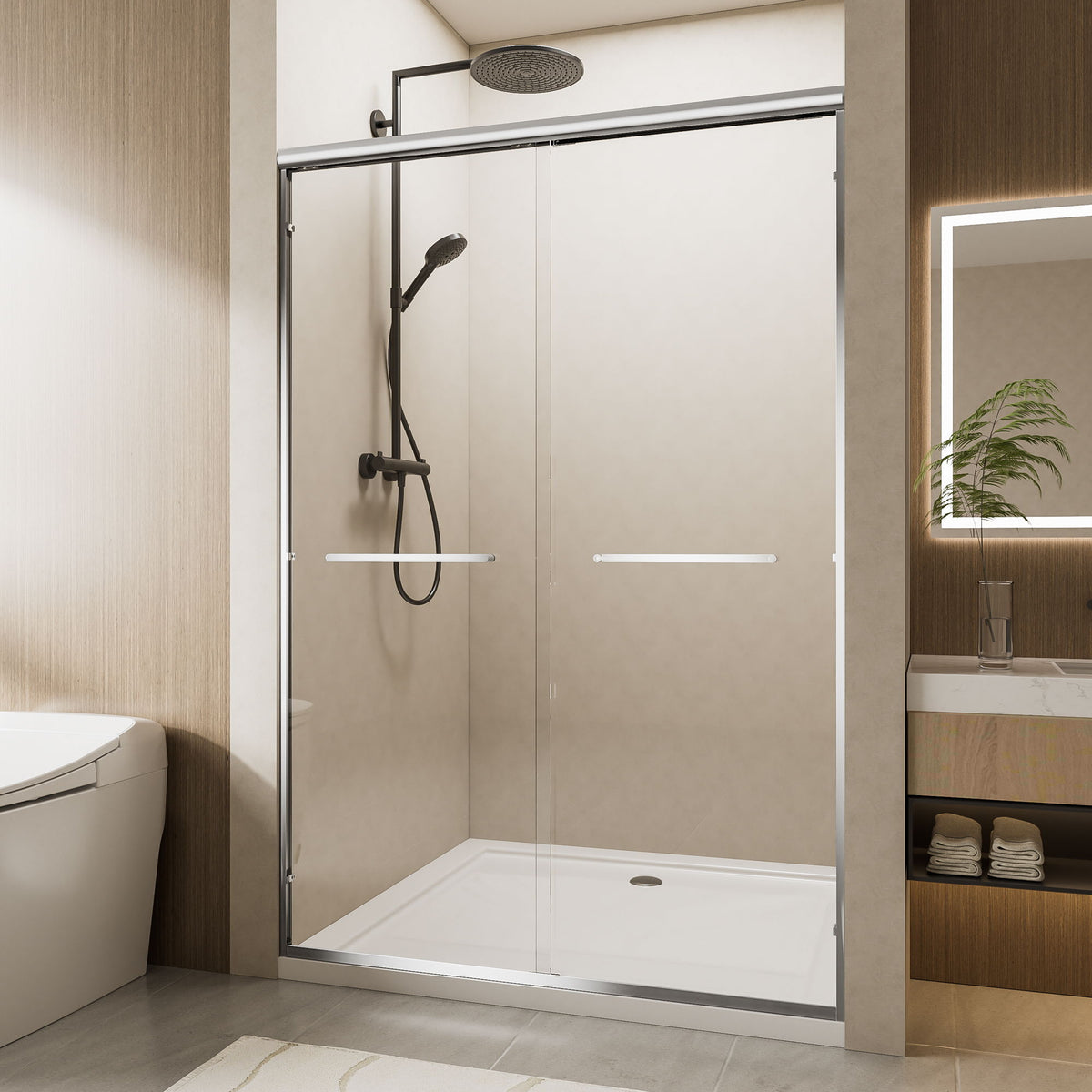 Aluminum Frame Double Double Soft Close Shower Door, Tempered Glass And Dual Stainless Steel Handles