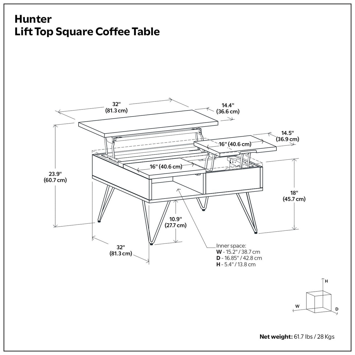 Hunter - Square Lift Top Coffee Table - Walnut