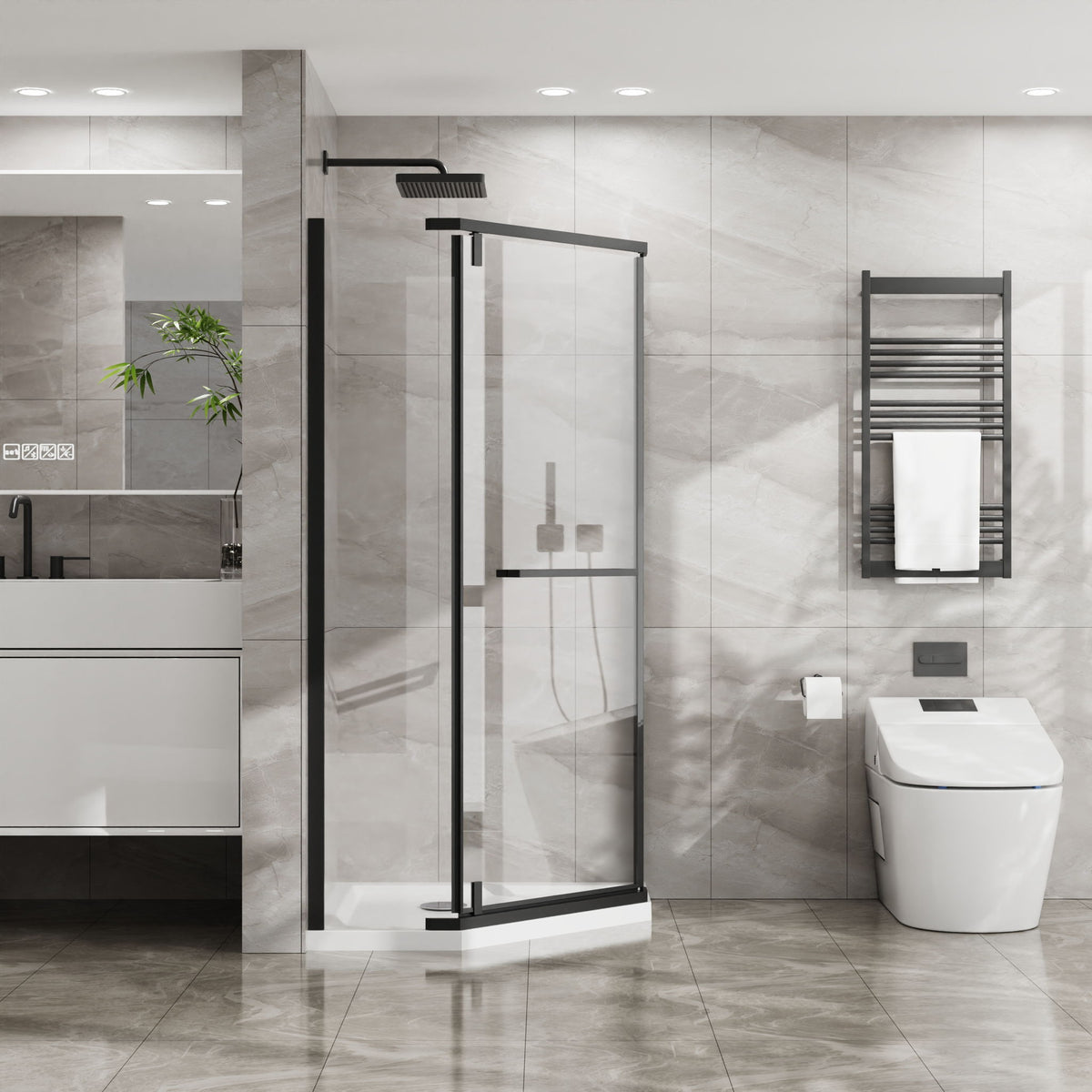 Durable Hardware Neo Angle Frameless Shower Door With Acrylic Base Combo