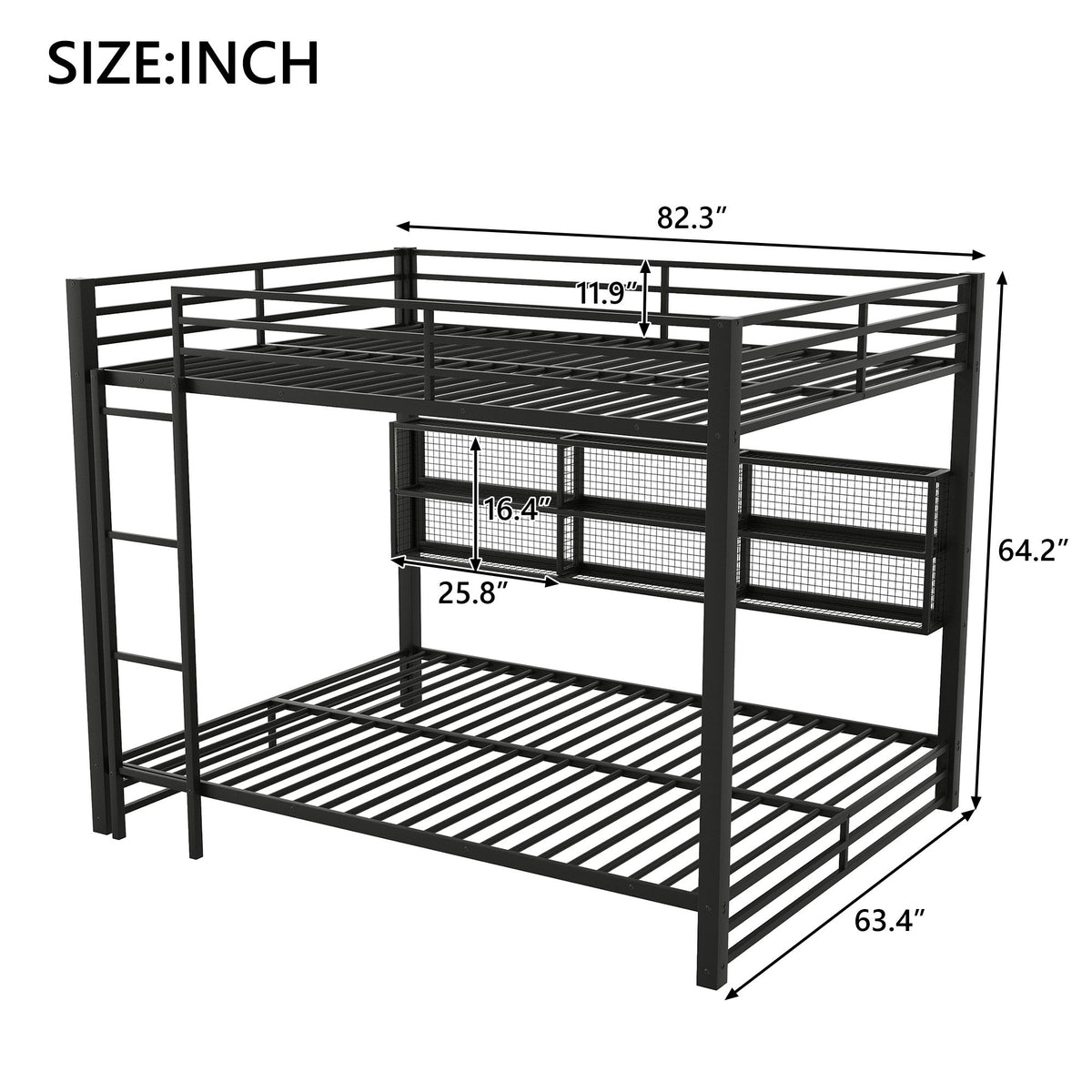 Queen Over Queen Bunk Bed With Storage Cabinets And LED Sturdy Frame, 6 Storage Units, Adjustable LED Lights - Black