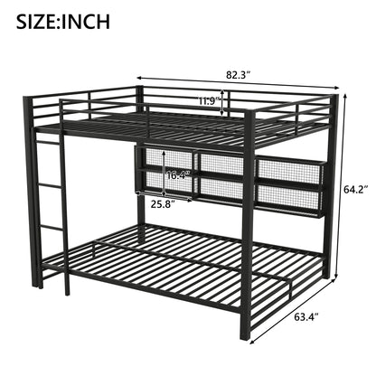 Queen Over Queen Bunk Bed With Storage Cabinets And LED Sturdy Frame, 6 Storage Units, Adjustable LED Lights - Black