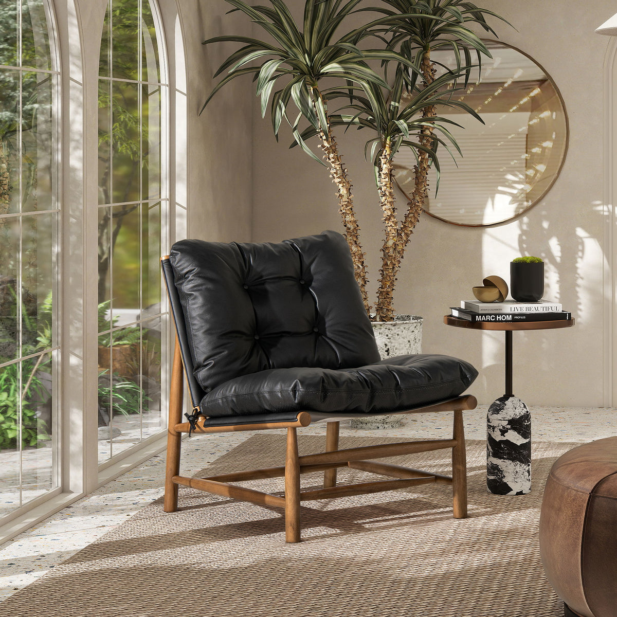 Oxford Leather Mid-Century Modern Accent Chair - Noir Black