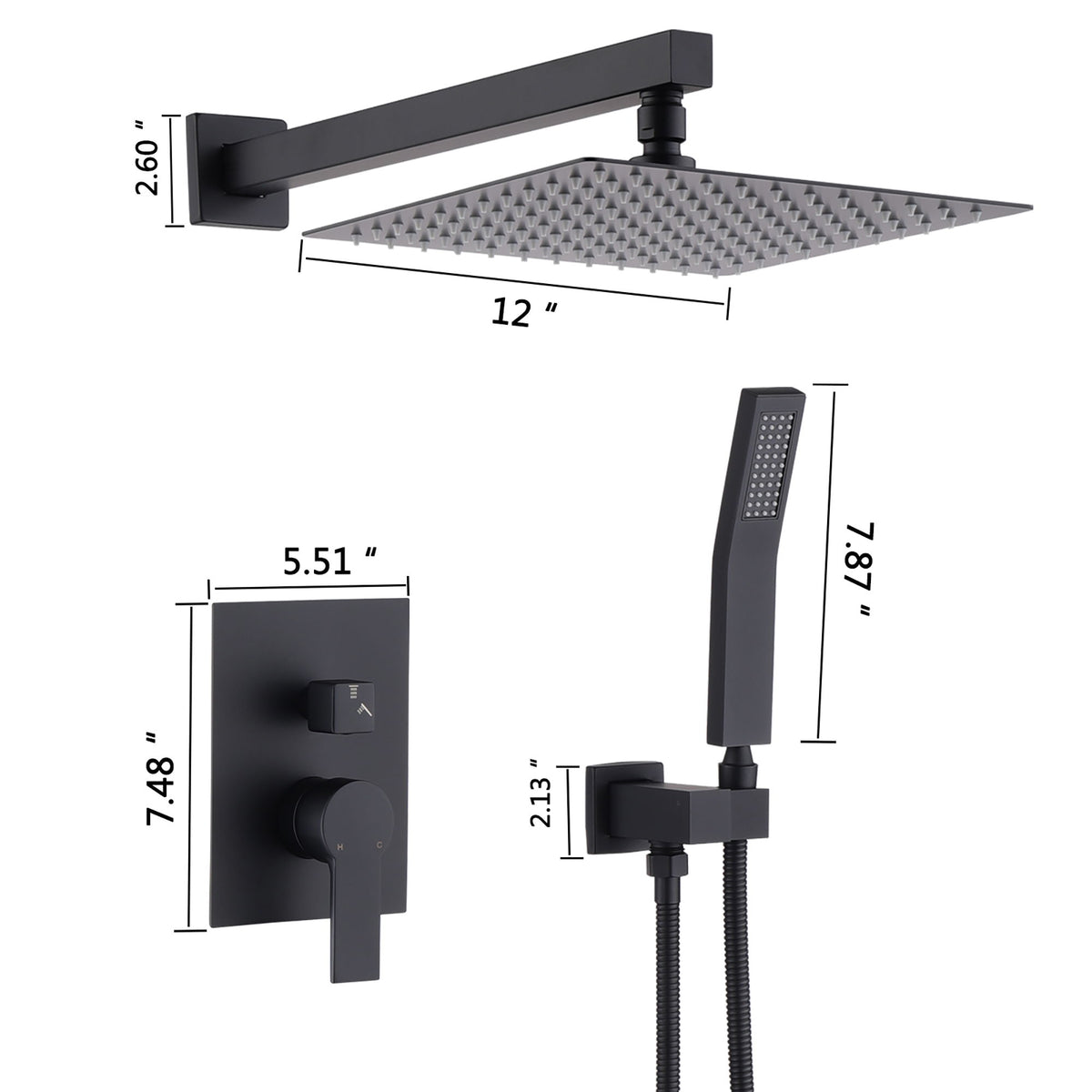 12" Ceiling Mount Shower System With Rain Mixer And Handheld Shower
