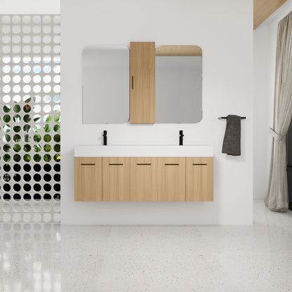 Floating Double Sink Bathroom Vanity Set With Tall Linen Cabinet, Extra Large Storage, Integrated Sink, Soft Close Doors - Glossy White / Light Oak