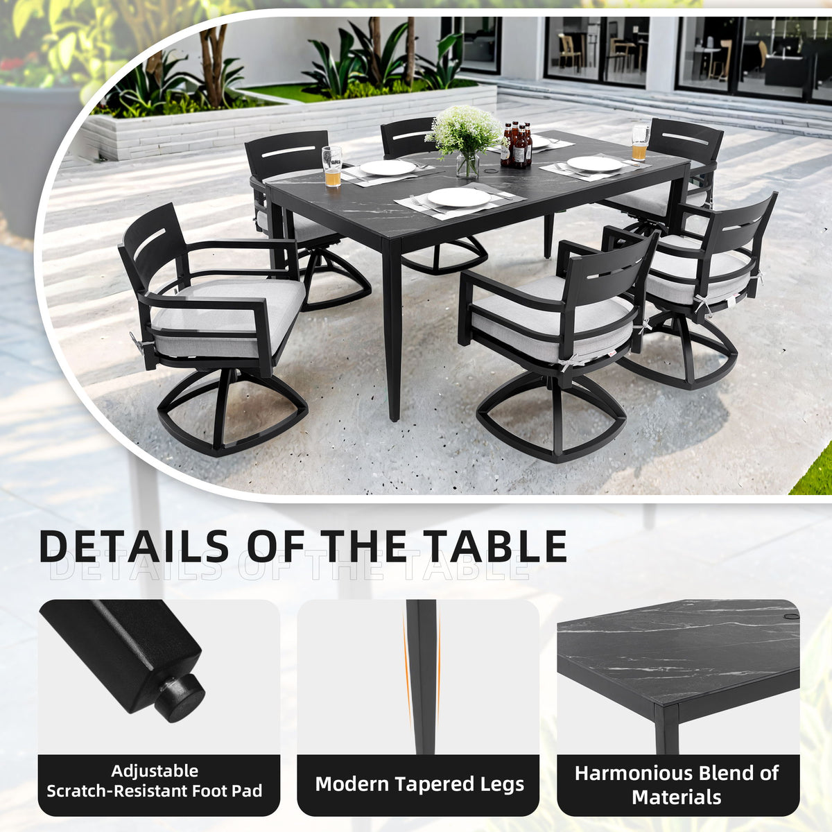 Outdoor Modern Patio Dining Table, Post Tapered Legs, Weatherproof & Rust Free